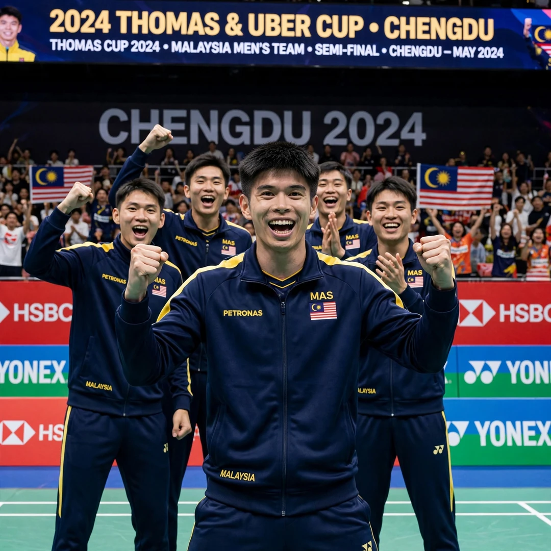 Leong Jun Hao Thomas Cup celebration Leong Jun Hao celebrating with the Malaysian team at the 2024 Thomas Cup (AI-generated)