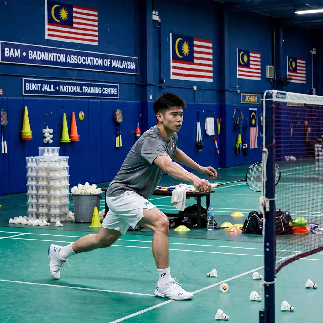 Leong Jun Hao training Leong Jun Hao in a multi-shuttle training drill at Bukit Jalil (AI-generated)