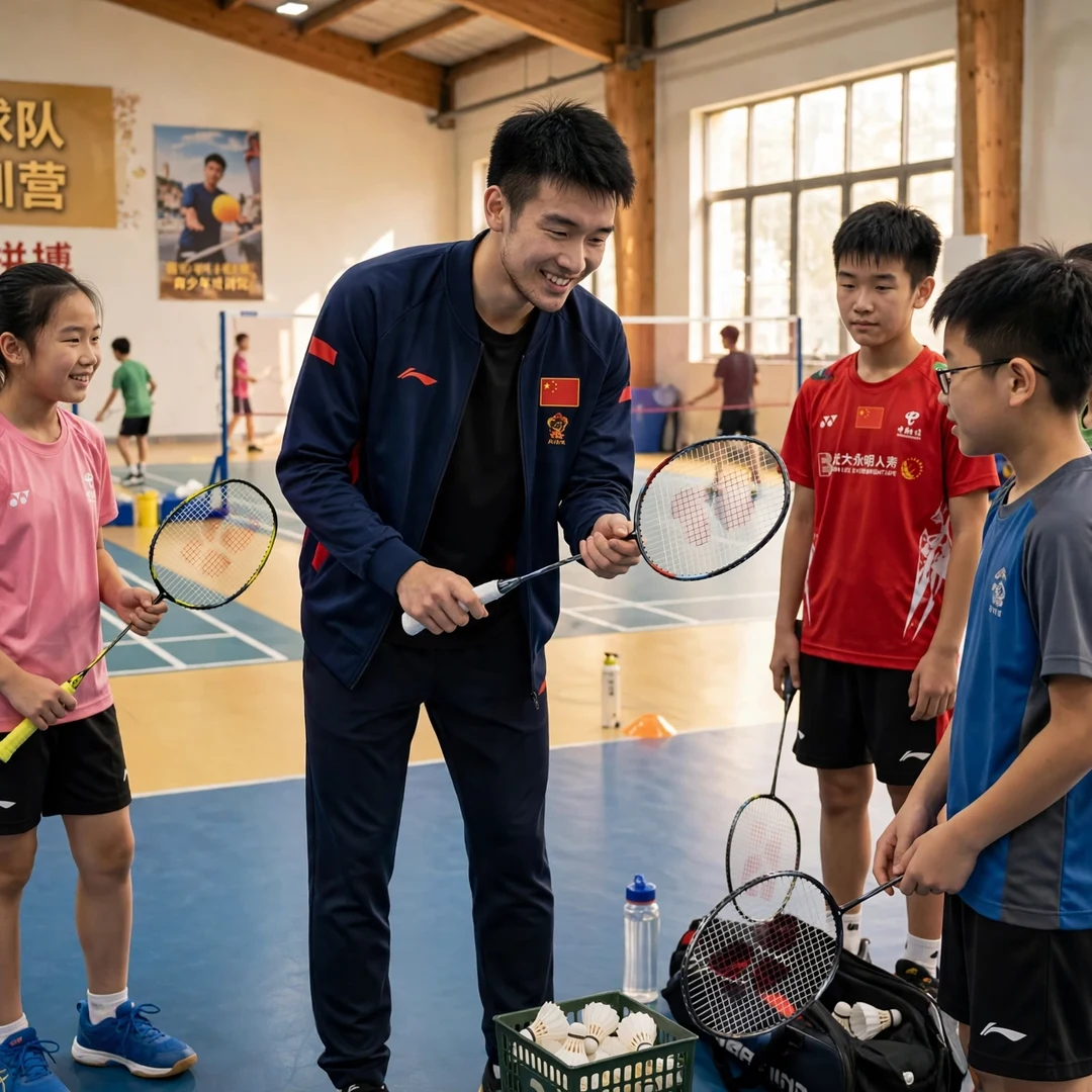 Li Shi Feng inspiring junior badminton players Li Shi Feng with junior players at a badminton clinic (AI-generated)