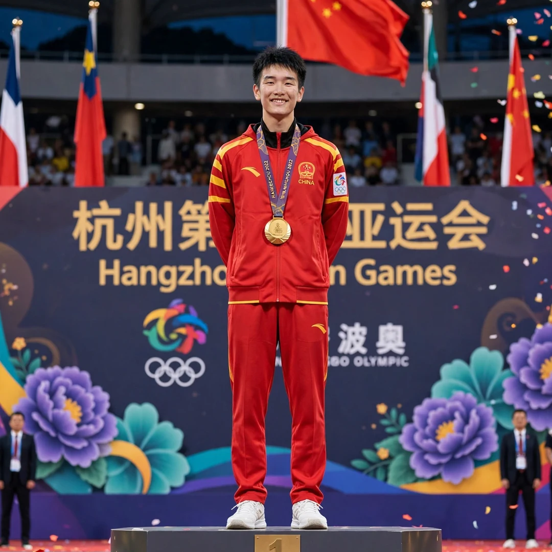 Li Shi Feng Asian Games champion in Hangzhou Li Shi Feng with Asian Games gold medal on the podium (AI-generated)