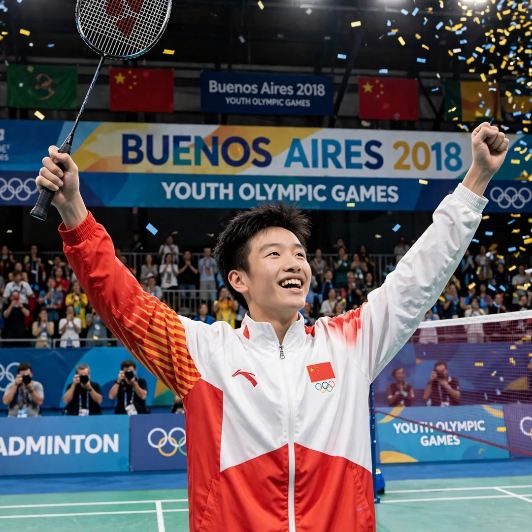 Li Shi Feng Youth Olympic champion 2018 Li Shi Feng celebrating Youth Olympic gold in Buenos Aires 2018 (AI-generated)