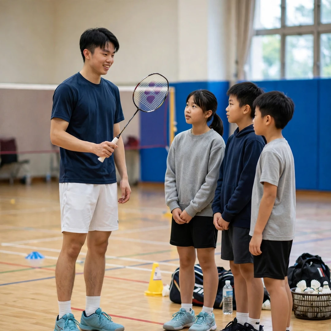 Liao Jhuo-Fu Liao Jhuo-Fu demonstrating a net shot to junior players at a badminton clinic (AI-generated)