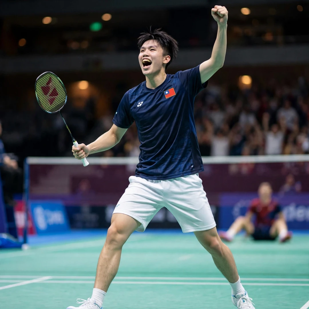 Liao Jhuo-Fu Liao Jhuo-Fu celebrating a victory with a fist pump (AI-generated)