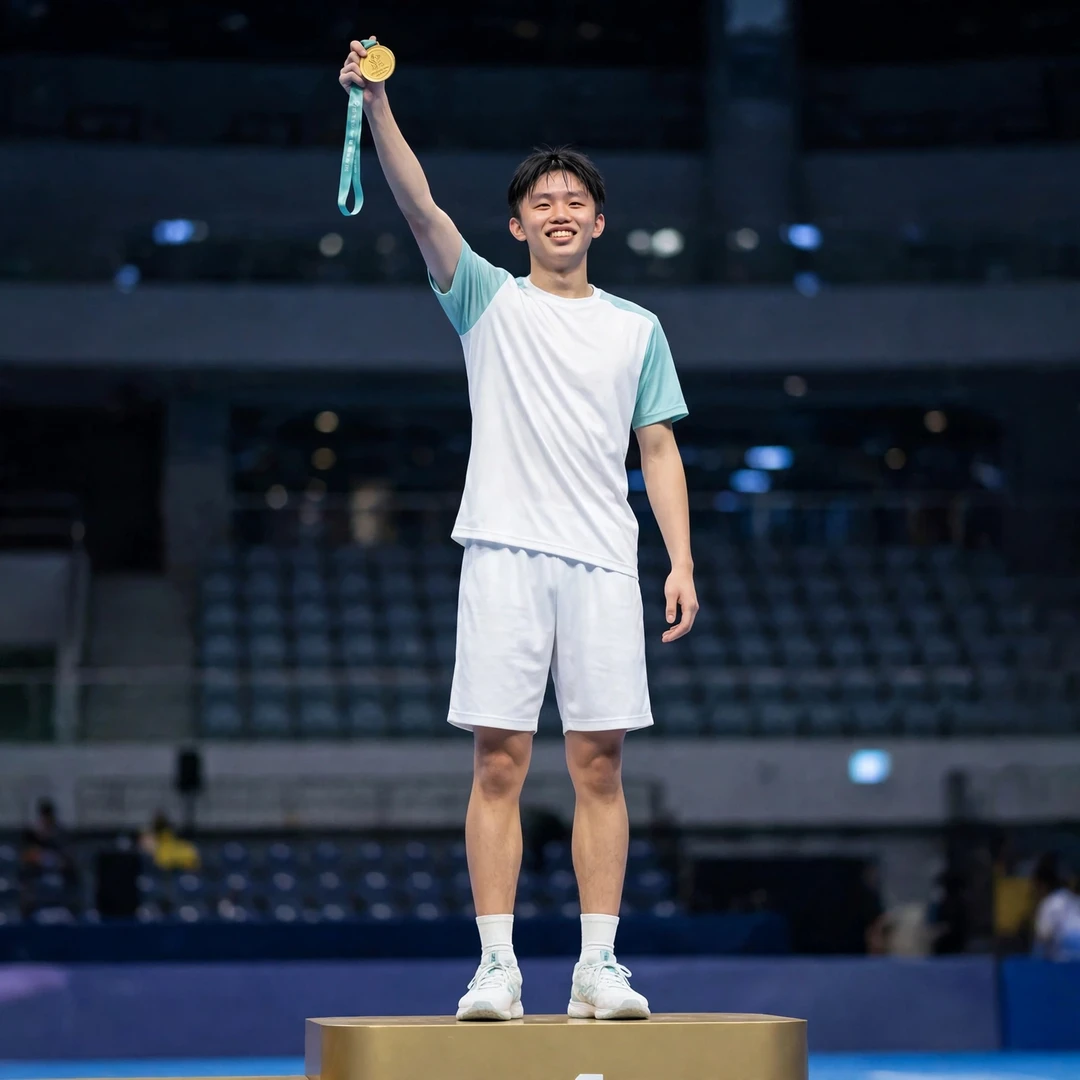 Liao Jhuo-Fu Liao Jhuo-Fu on the podium holding the Bendigo International trophy (AI-generated)
