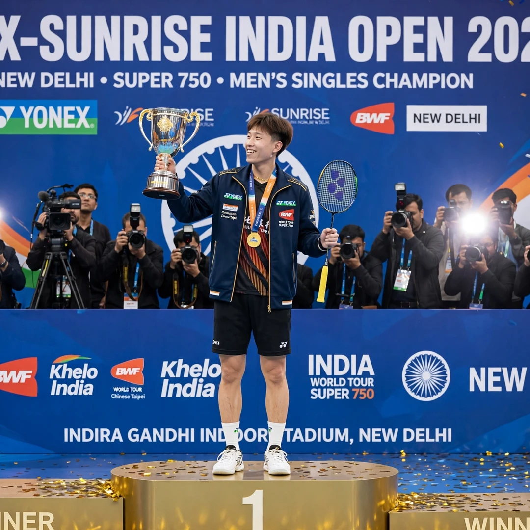 Lin Chun-Yi lifting the India Open 2026 trophy Lin Chun-Yi lifting the India Open 2026 trophy (AI-generated)
