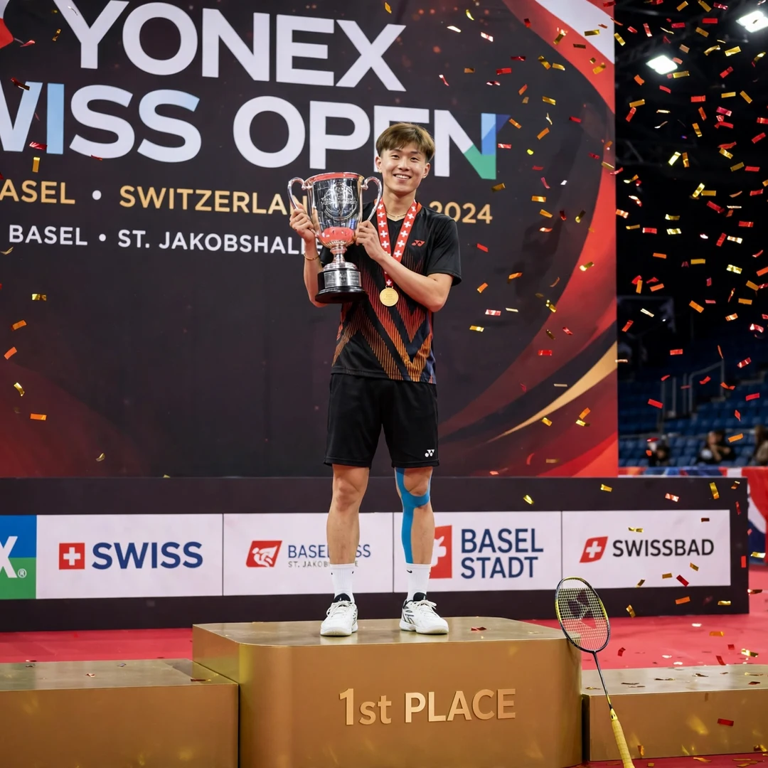 Lin Chun-Yi with the Swiss Open 2024 trophy in Basel Lin Chun-Yi winning the Swiss Open 2024 in Basel (AI-generated)