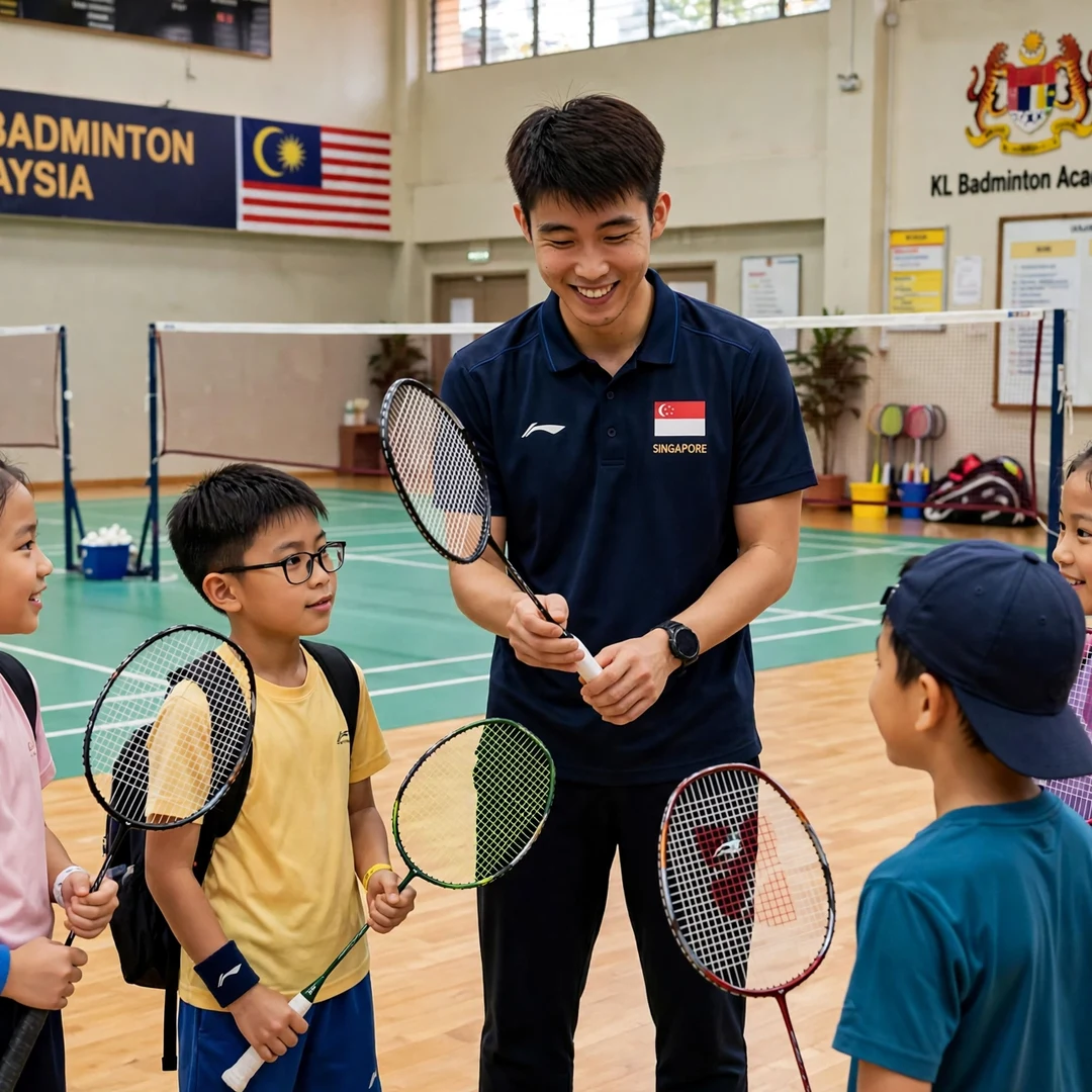 Loh Kean Yew inspiring junior players at a badminton clinic Loh Kean Yew with junior players at a clinic (AI-generated)