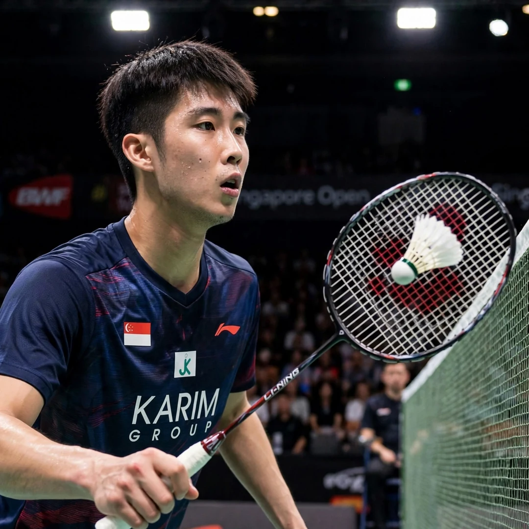 Loh Kean Yew backhand technique during international match Loh Kean Yew backhand shot (AI-generated)