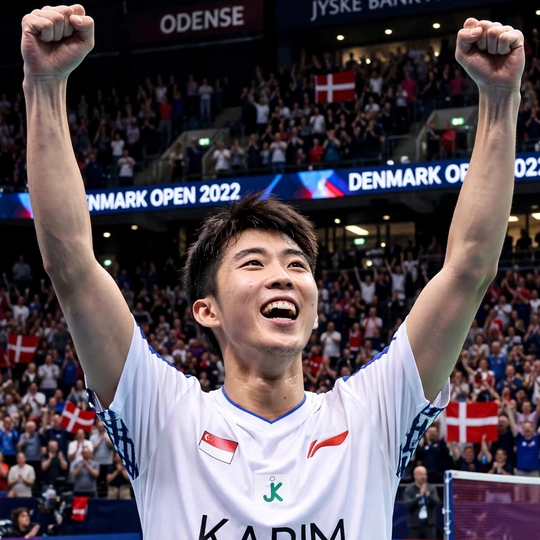 Loh Kean Yew celebrating Singapore Open 2022 win over Axelsen Loh Kean Yew celebrating a victory (AI-generated)