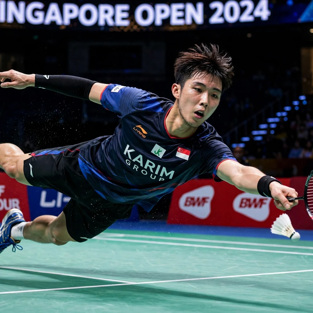Loh Kean Yew diving defensive return Loh Kean Yew diving defensive return (AI-generated)