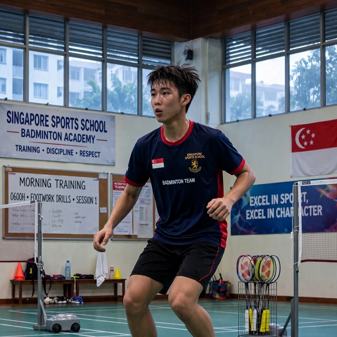 Loh Kean Yew junior training at Singapore Sports School Loh Kean Yew training as a junior at Singapore Sports School (AI-generated)