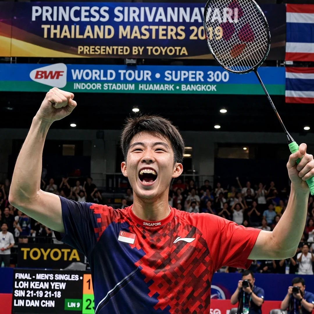 Loh Kean Yew celebrating Thailand Masters 2019 title win over Lin Dan Loh Kean Yew celebrating Thailand Masters 2019 victory (AI-generated)