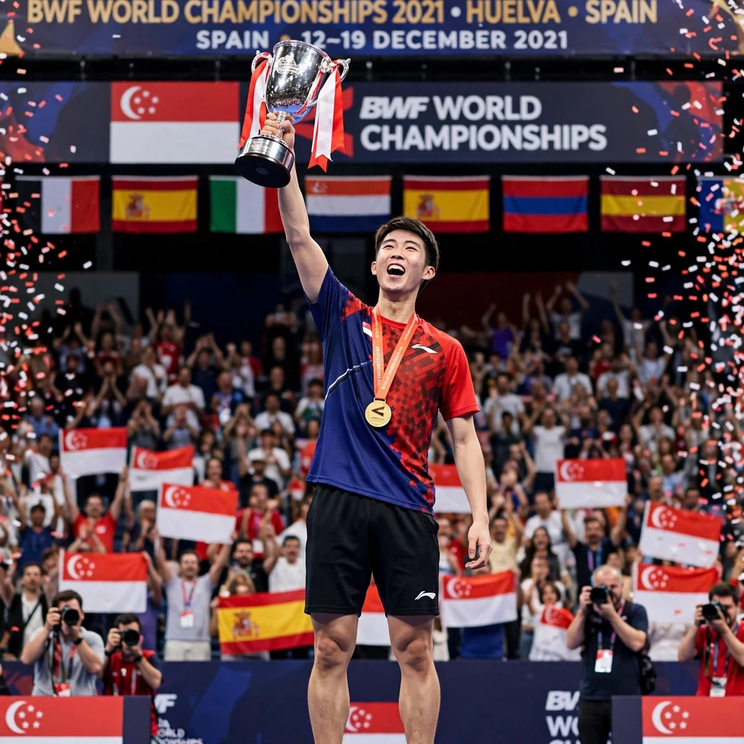 Loh Kean Yew winning the 2021 BWF World Championships in Huelva Loh Kean Yew lifting the World Championships trophy in Huelva 2021 (AI-generated)