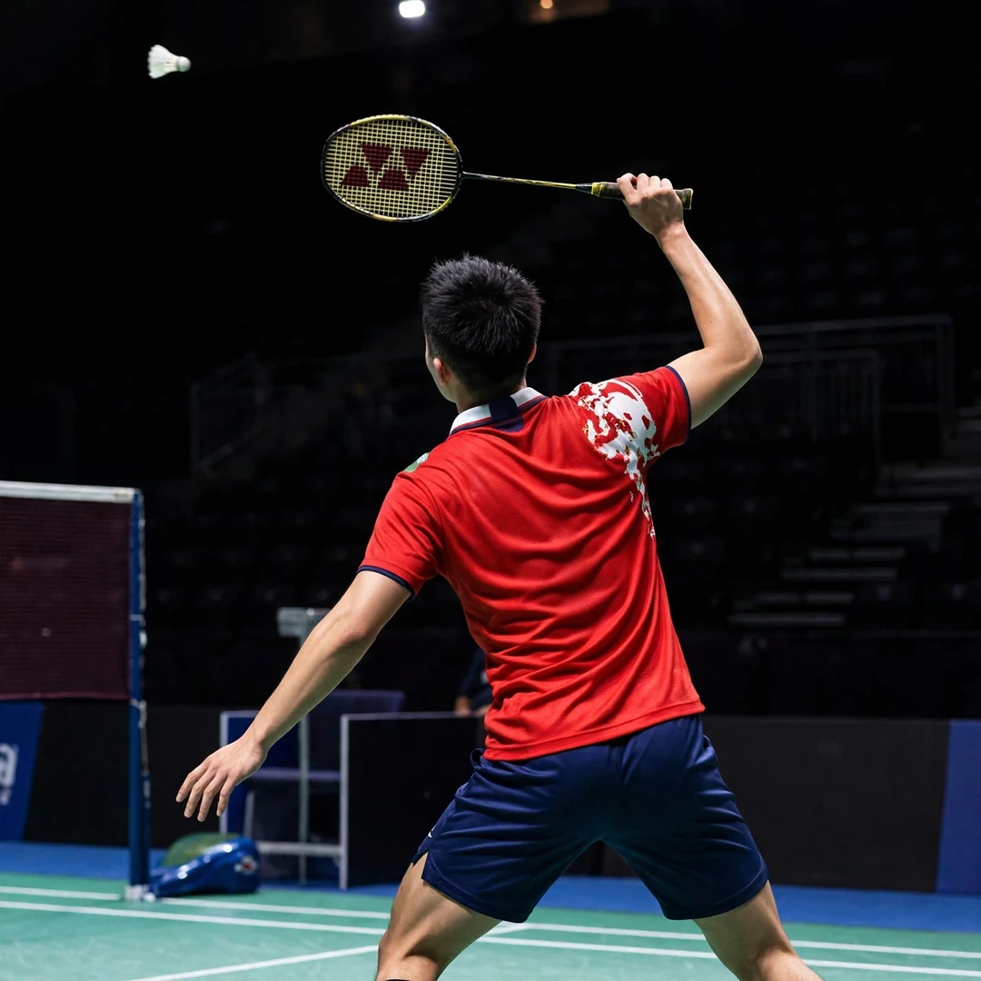 Lu Guangzu overhead clear Lu Guangzu playing an overhead clear from the backhand corner (AI-generated)