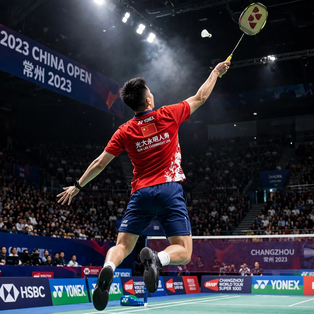 Lu Guangzu China Open jump smash Lu Guangzu playing a jump smash at the 2023 China Open in Changzhou (AI-generated)