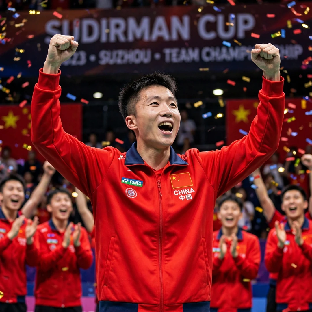 Lu Guangzu Sudirman Cup celebration Lu Guangzu celebrating a Sudirman Cup victory with the China team in Suzhou (AI-generated)