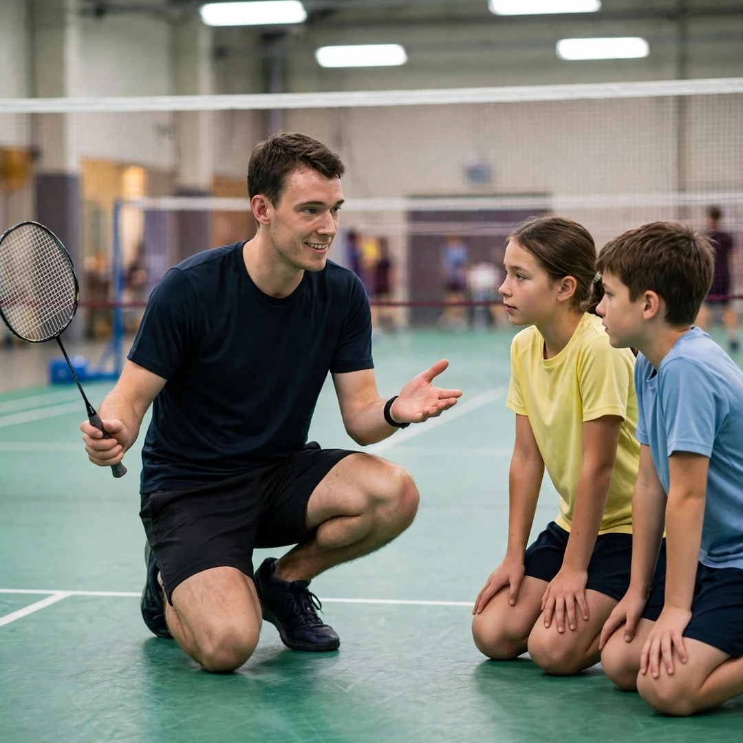 Mads Christophersen demonstrating a forehand grip to junior players at a badminton clinic (AI-generated) Mads Christophersen demonstrating a forehand grip to junior players at a badminton clinic (AI-generated)