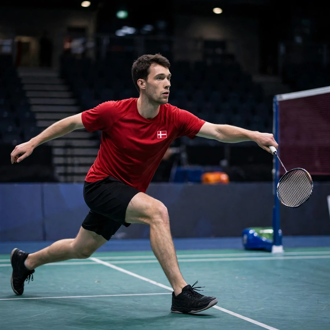 Mads Christophersen playing a backhand clear from the deep backhand corner (AI-generated) Mads Christophersen playing a backhand clear from the deep backhand corner (AI-generated)