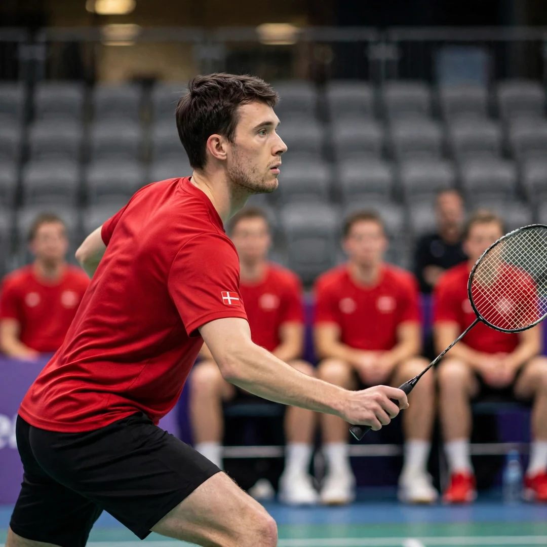 Mads Christophersen playing a net shot for Denmark at the European Team Championships (AI-generated) Mads Christophersen playing a net shot for Denmark at the European Team Championships (AI-generated)