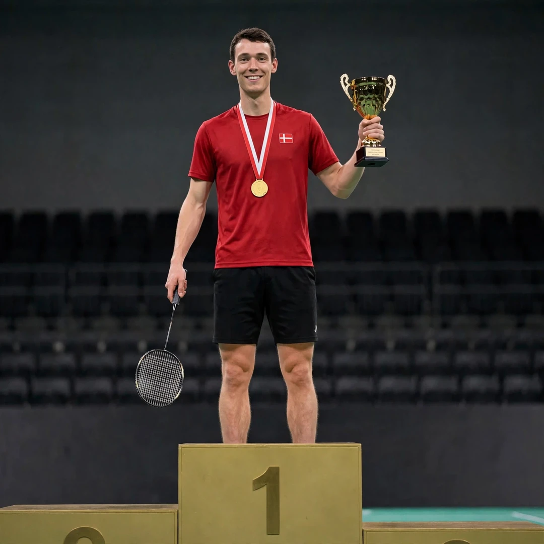 Mads Christophersen on the top step of the podium holding a gold trophy (AI-generated) Mads Christophersen on the top step of the podium holding a gold trophy (AI-generated)