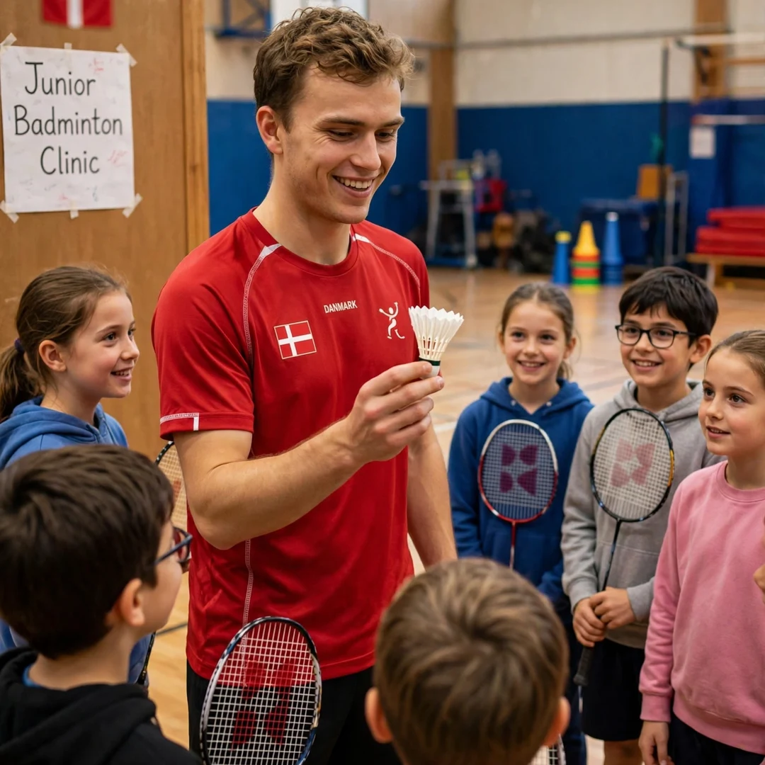 Magnus Johannesen junior clinic Magnus Johannesen showing junior players a shuttlecock at a coaching clinic in Denmark (AI-generated)