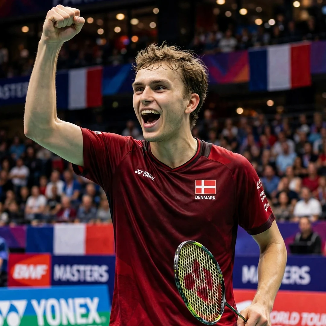Magnus Johannesen celebration Magnus Johannesen celebrating a point with a fist pump in a packed arena in France (AI-generated)