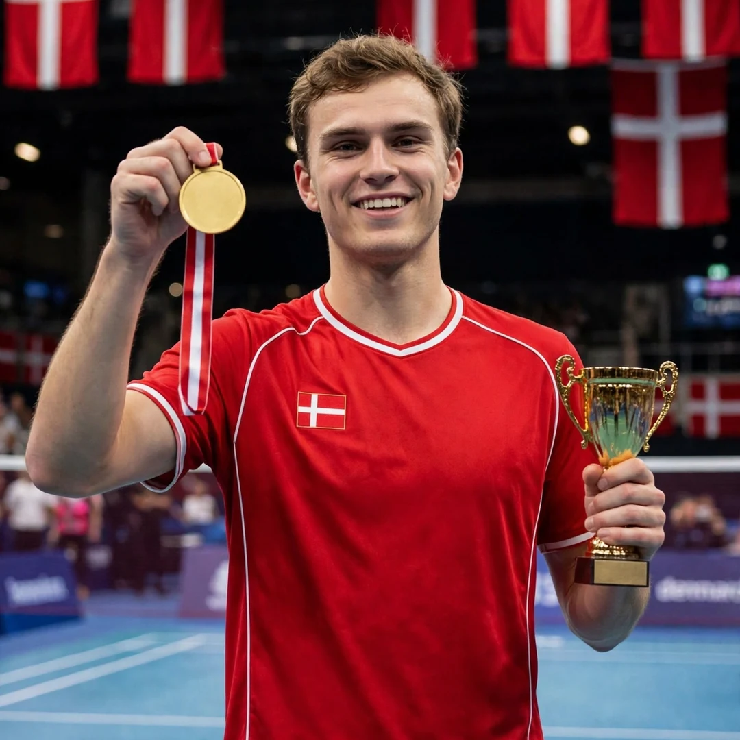 Magnus Johannesen Danish champion Magnus Johannesen holding his gold medal and trophy after winning the Danish national championships in 2026 (AI-generated)