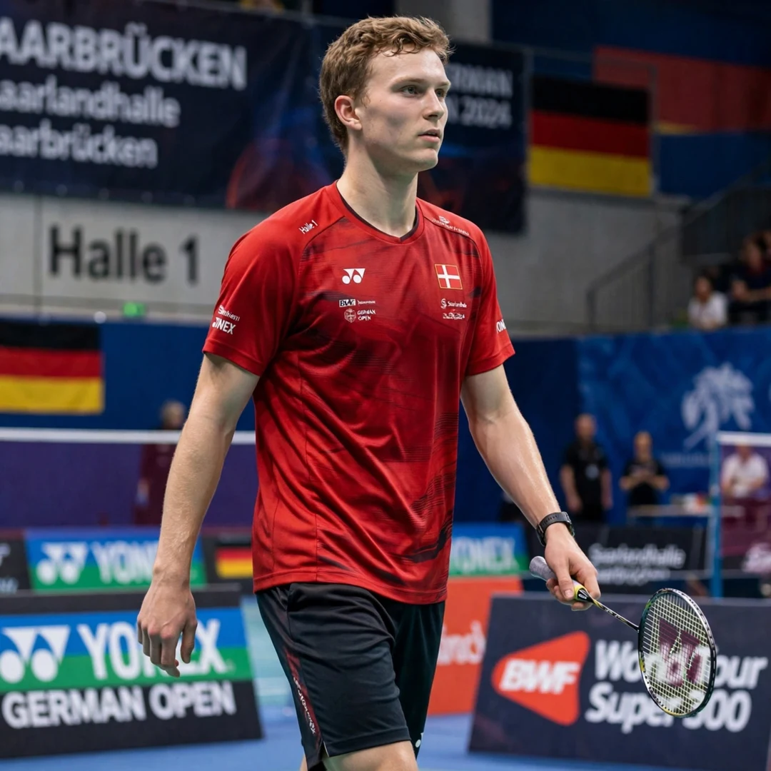 Magnus Johannesen Hylo Open final Magnus Johannesen walking back to position during the 2025 Hylo Open in Saarbrucken, where he reached his first Super 500 final (AI-generated)