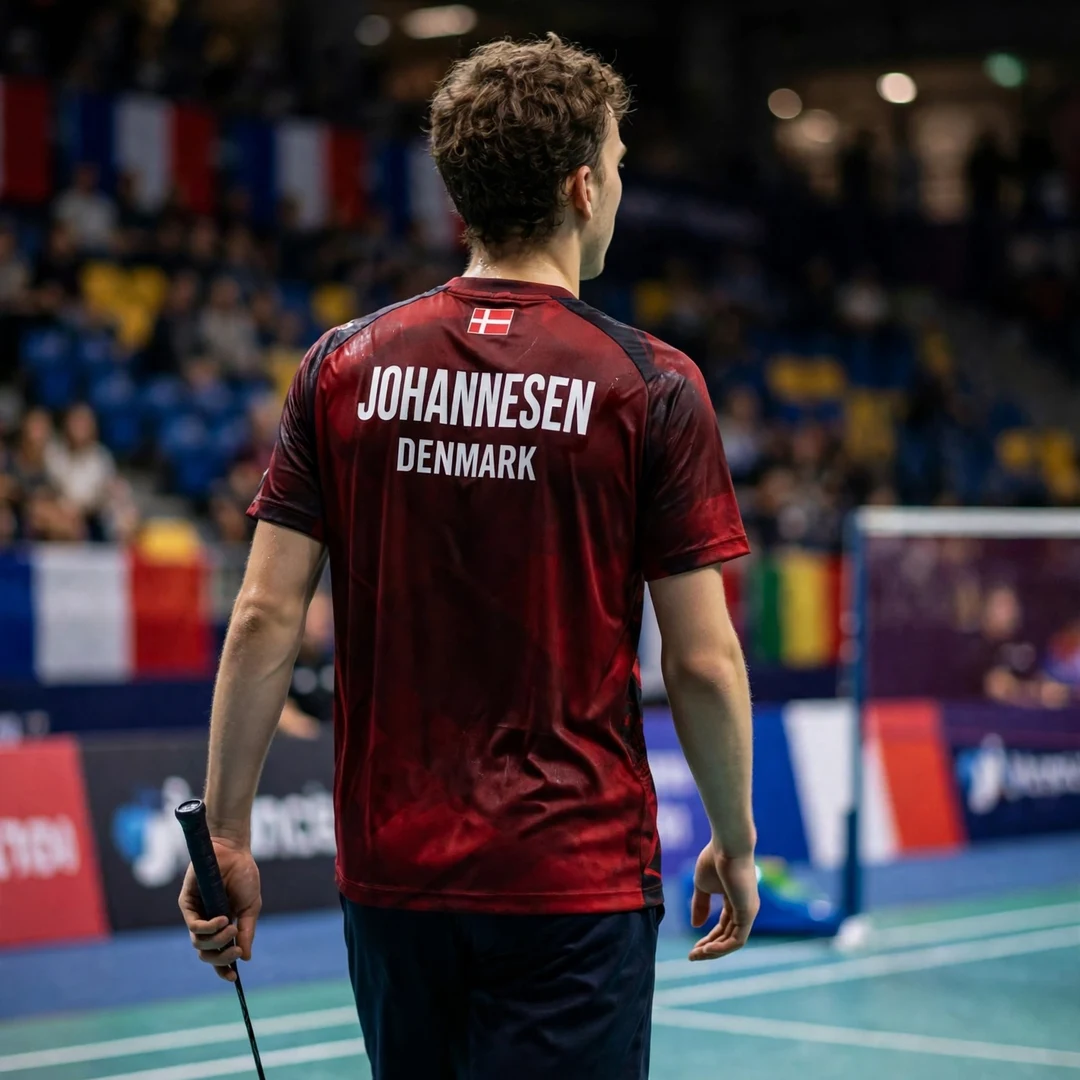 Magnus Johannesen Orleans Masters final Magnus Johannesen walking back across the court after the 2023 Orleans Masters final, his first BWF World Tour final, seen from behind (AI-generated)