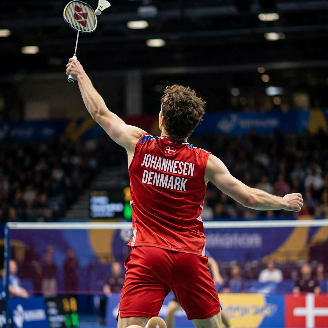 Magnus Johannesen jump smash Magnus Johannesen playing a left-handed jump smash, seen from behind (AI-generated)