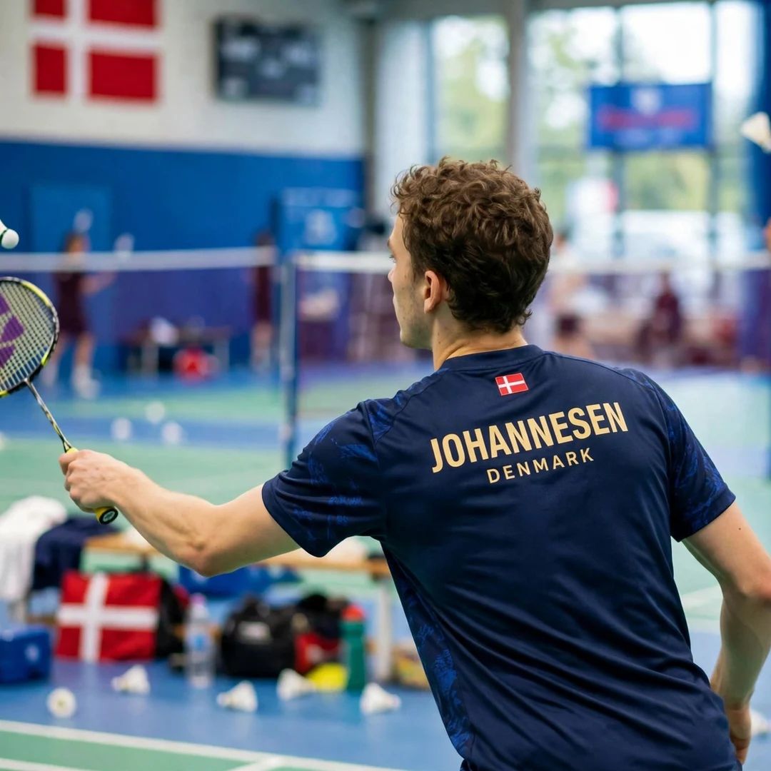 Magnus Johannesen training Magnus Johannesen in a multi-shuttle training drill in Denmark, seen from behind (AI-generated)