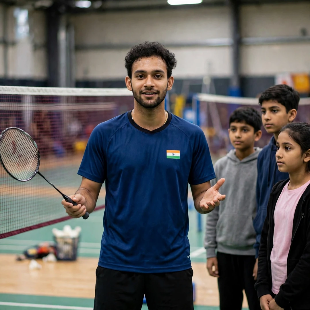 Manraj Singh demonstrating a net shot to young students at a badminton academy (AI-generated) Manraj Singh demonstrating a net shot to young students at a badminton academy (AI-generated)