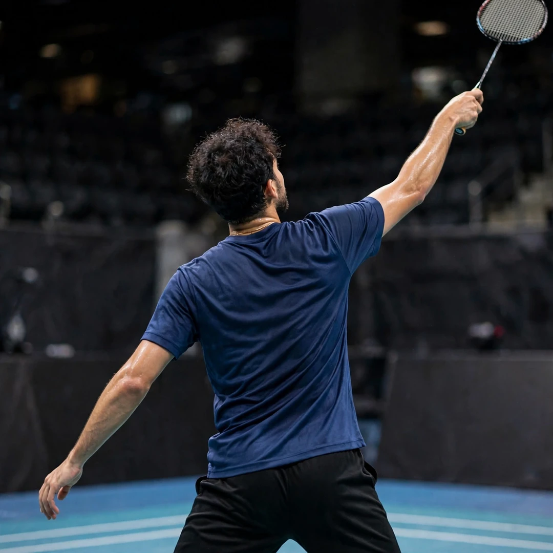 Manraj Singh playing a backhand clear from the rear corner (AI-generated) Manraj Singh playing a backhand clear from the rear corner (AI-generated)