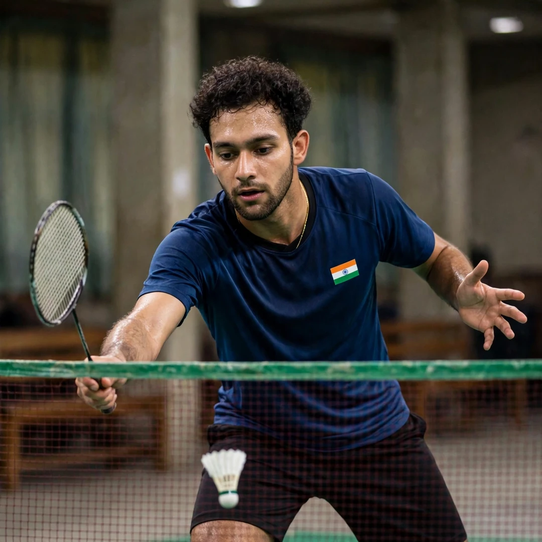 Manraj Singh playing a cross-court net shot during his title run in Kampala (AI-generated) Manraj Singh playing a cross-court net shot during his title run in Kampala (AI-generated)