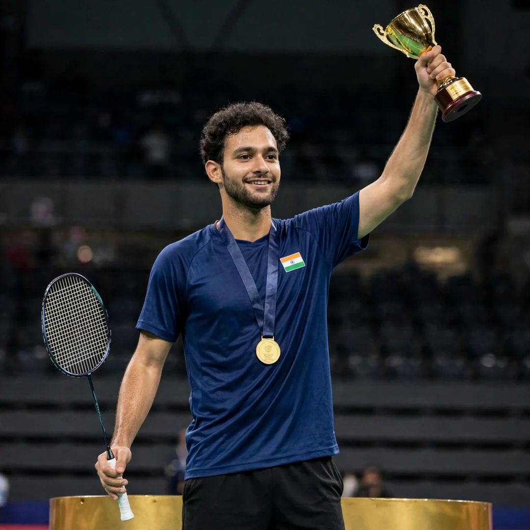 Manraj Singh on a podium holding the Uganda International Challenge trophy and his racket (AI-generated) Manraj Singh on a podium holding the Uganda International Challenge trophy and his racket (AI-generated)