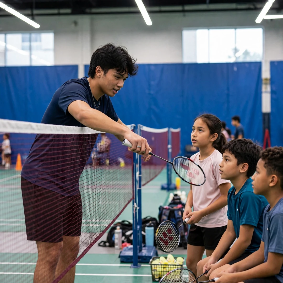 Mark Shelley Alcala Mark Shelley Alcala demonstrating a net shot to junior players at a badminton clinic (AI-generated)