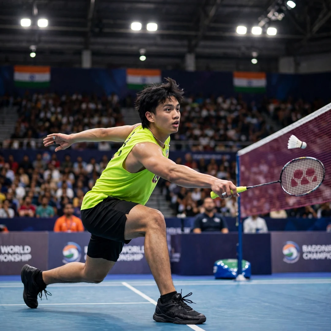 Mark Shelley Alcala Mark Shelley Alcala playing a net shot at the World Championships in New Delhi (AI-generated)