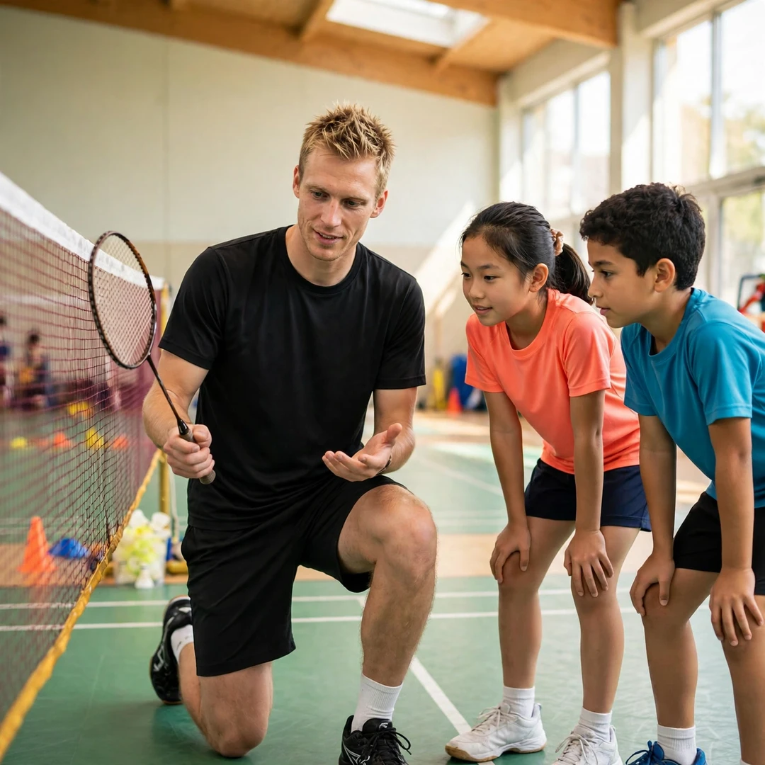 Matthias Kicklitz demonstrating a net shot to junior players at a badminton clinic (AI-generated) Matthias Kicklitz demonstrating a net shot to junior players at a badminton clinic (AI-generated)