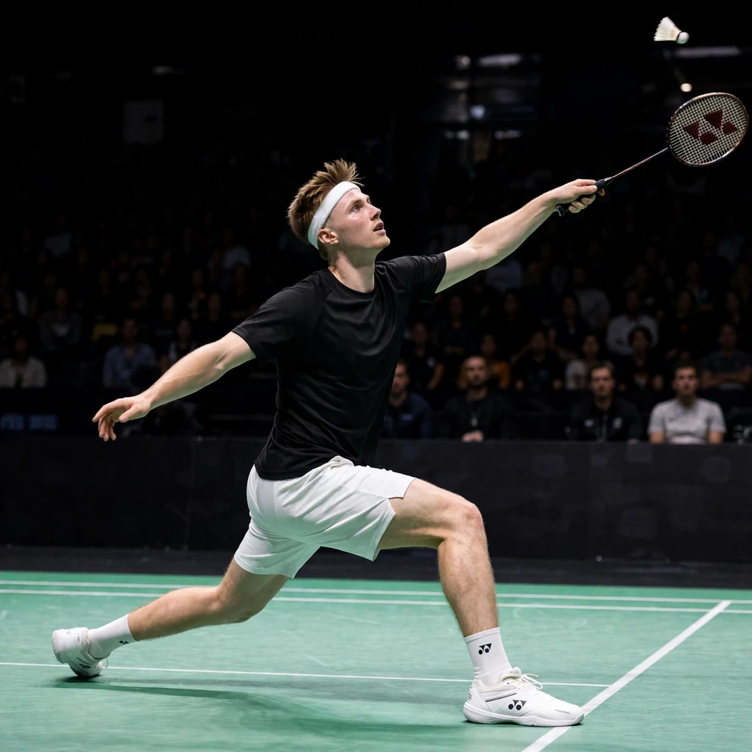 Matthias Kicklitz playing a backhand clear (AI-generated) Matthias Kicklitz playing a backhand clear (AI-generated)