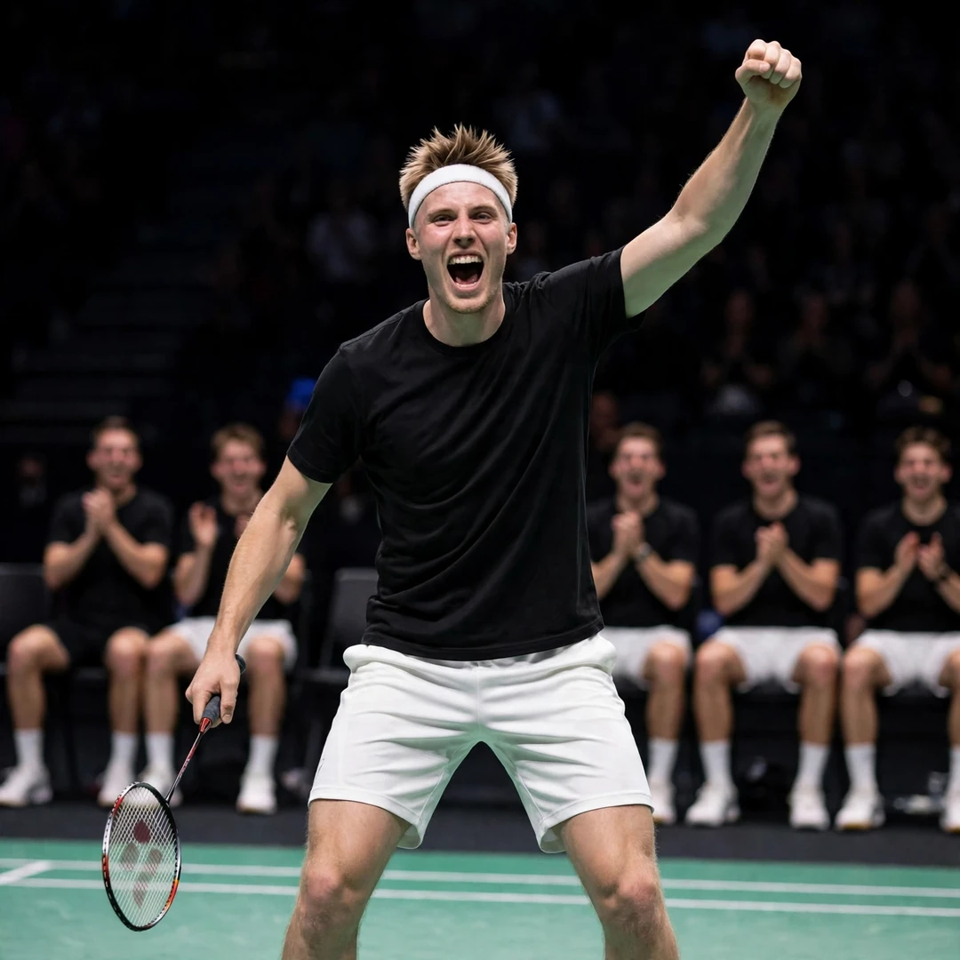 Matthias Kicklitz celebrating a point for Germany at the Thomas Cup (AI-generated) Matthias Kicklitz celebrating a point for Germany at the Thomas Cup (AI-generated)