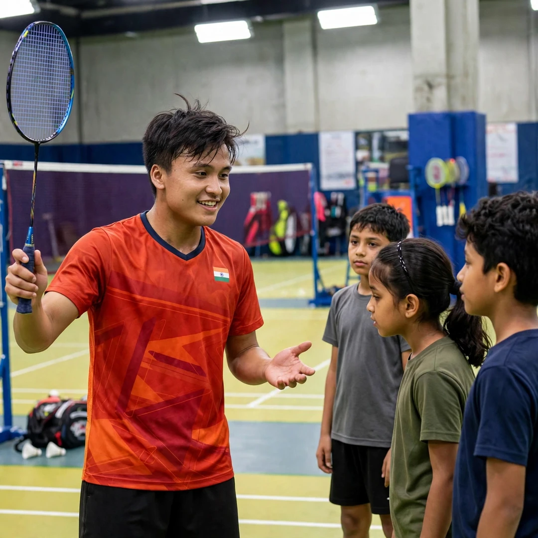 Meiraba Luwang Maisnam demonstrating a net shot to junior players Meiraba Luwang Maisnam demonstrating a net shot to junior players (AI-generated)