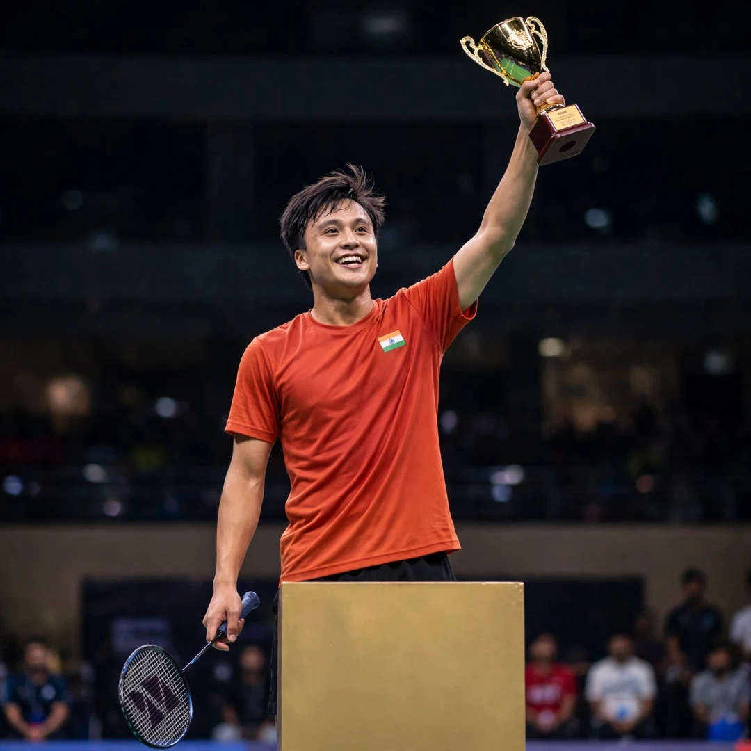 Meiraba Luwang Maisnam on the podium with a trophy in Dhaka Meiraba Luwang Maisnam on the podium with a trophy in Dhaka (AI-generated)