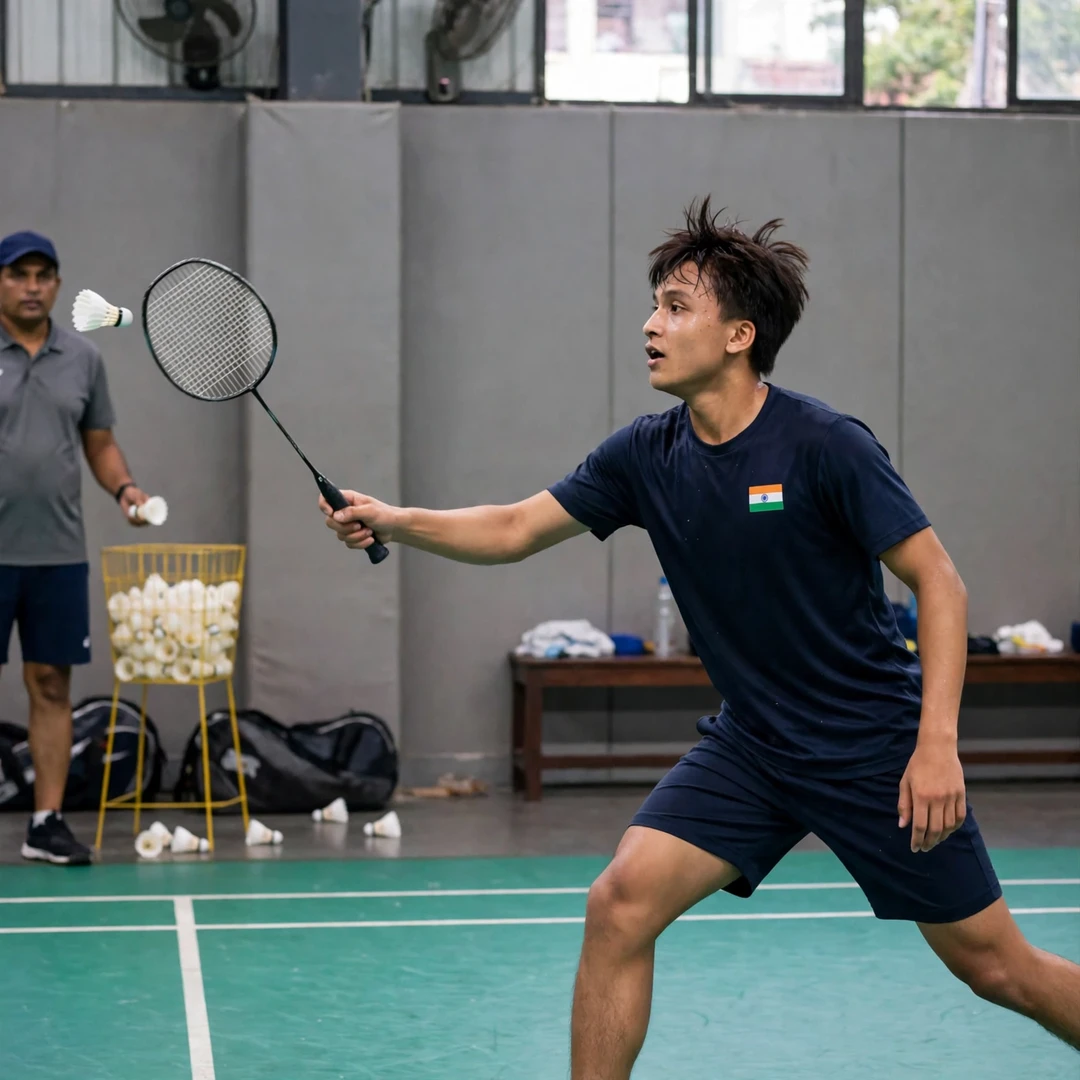 Meiraba Luwang Maisnam in a multi-shuttle training drill in Bengaluru Meiraba Luwang Maisnam in a multi-shuttle training drill in Bengaluru (AI-generated)