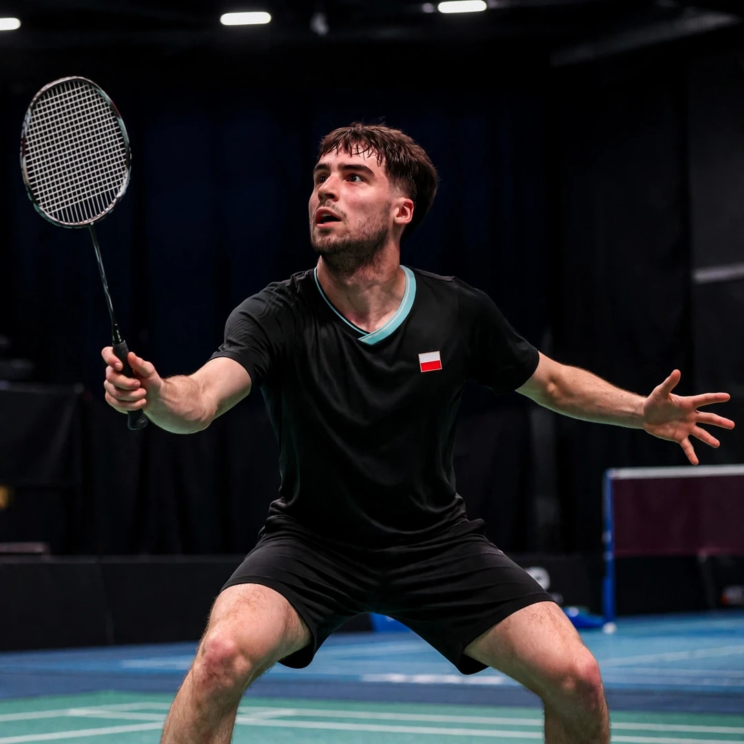 Mikolaj Szymanowski of Poland in a ready stance on court, racket in his right hand (AI-generated) Mikolaj Szymanowski of Poland in a ready stance on court, racket in his right hand (AI-generated)