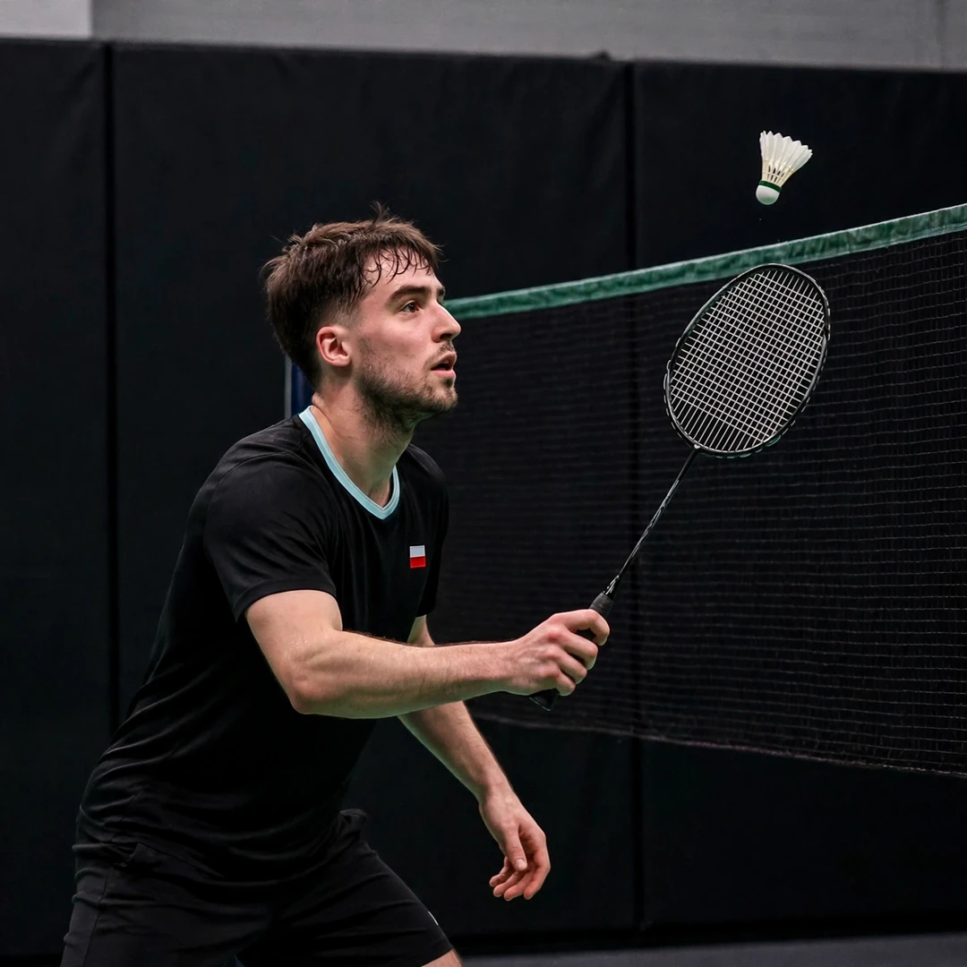 Mikolaj Szymanowski playing a tight net shot, racket in his right hand (AI-generated) Mikolaj Szymanowski playing a tight net shot, racket in his right hand (AI-generated)