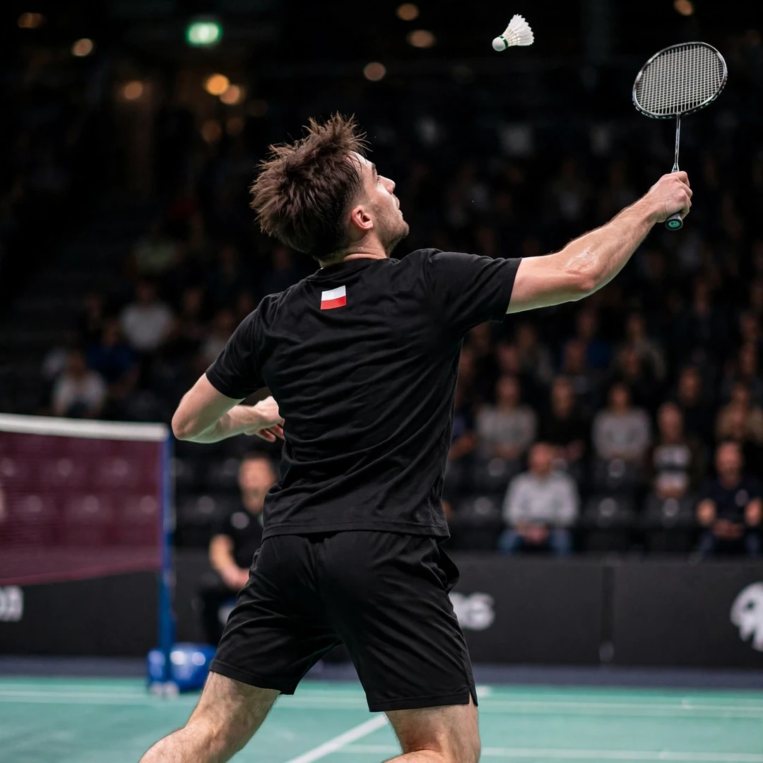Mikolaj Szymanowski preparing a jump smash, racket in his right hand (AI-generated) Mikolaj Szymanowski preparing a jump smash, racket in his right hand (AI-generated)