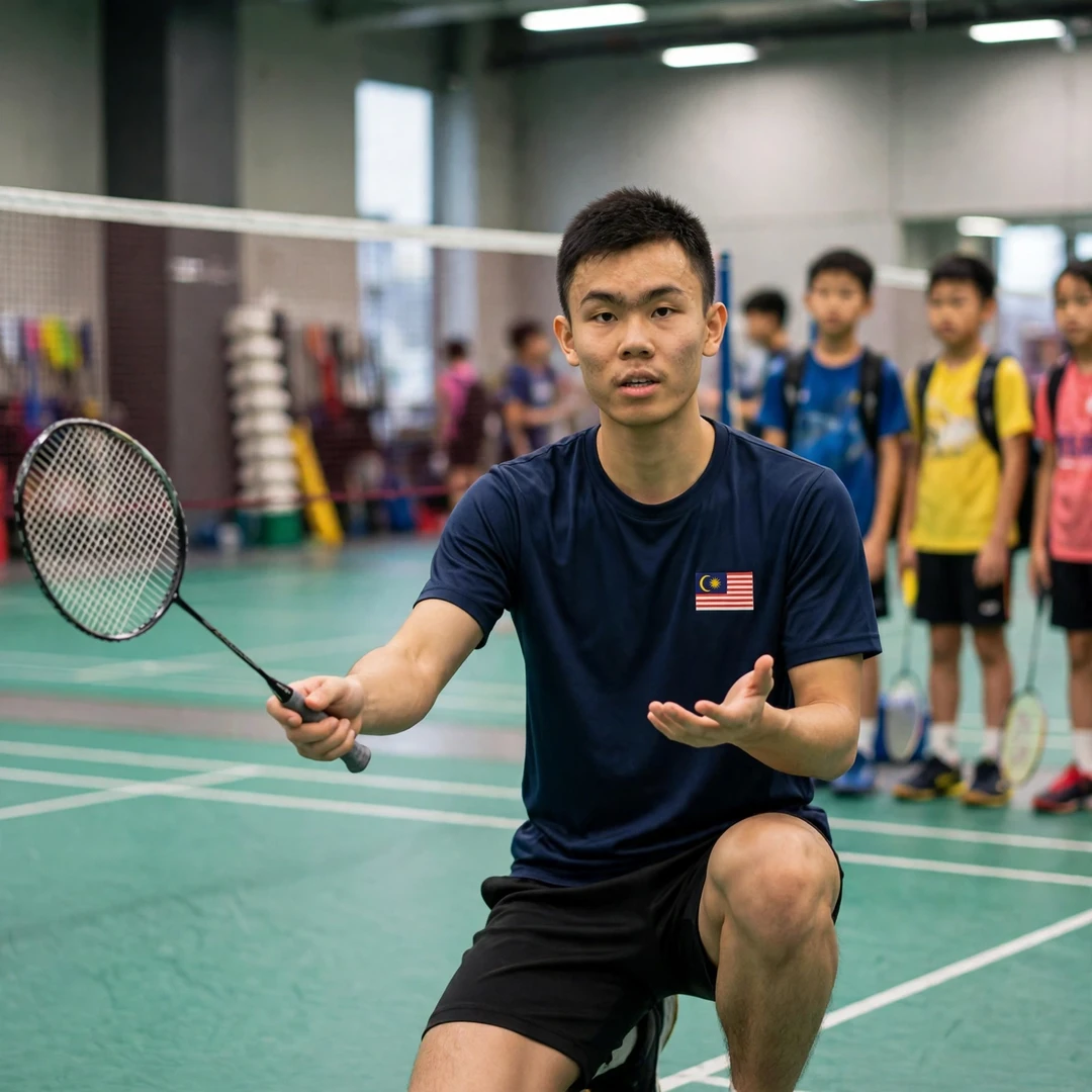 Ming Hong Lim demonstrating racket grip to junior players at a coaching clinic (AI-generated) Ming Hong Lim demonstrating racket grip to junior players at a coaching clinic (AI-generated)