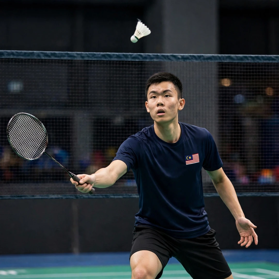 Ming Hong Lim playing a tight net shot, racket in his right hand (AI-generated) Ming Hong Lim playing a tight net shot, racket in his right hand (AI-generated)