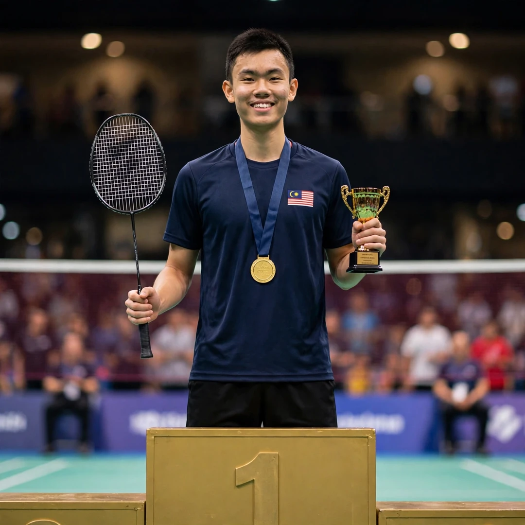 Ming Hong Lim on the podium holding the Future Series Nouvelle-Aquitaine trophy (AI-generated) Ming Hong Lim on the podium holding the Future Series Nouvelle-Aquitaine trophy (AI-generated)