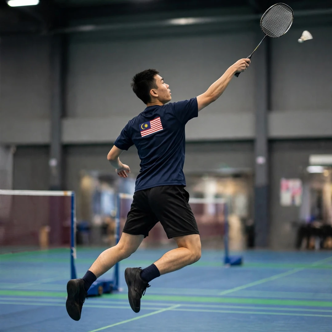 Ming Hong Lim leaping for a jump smash, racket in his right hand (AI-generated) Ming Hong Lim leaping for a jump smash, racket in his right hand (AI-generated)
